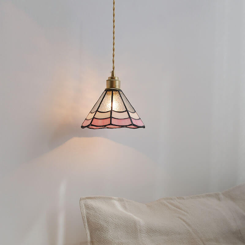 Luminária pendente japonesa vintage rosa listrada cone de vidro 1 luz